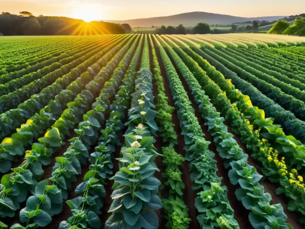 Un campo orgánico exuberante y próspero con cultivos verdes vibrantes que se extienden hasta el horizonte