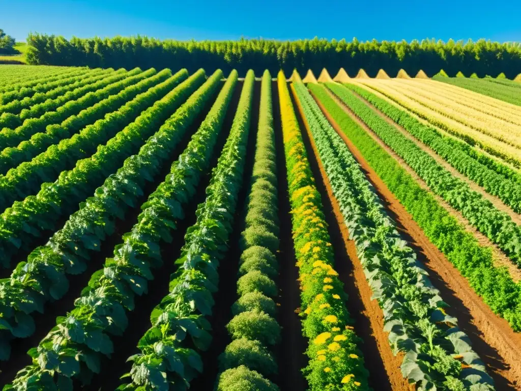 Un campo orgánico exuberante y próspero con cultivos verdes bajo el sol