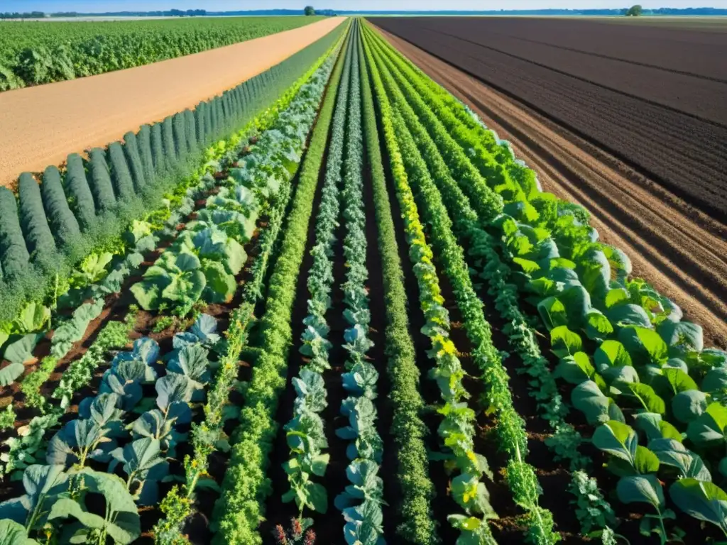 Campo orgánico exuberante y saludable con cultivos vibrantes, maximizando salud del suelo