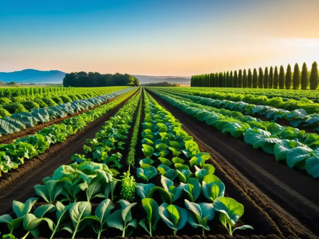 Un campo orgánico exuberante y sereno bañado por la luz dorada del atardecer, muestra la belleza de la agricultura sostenible