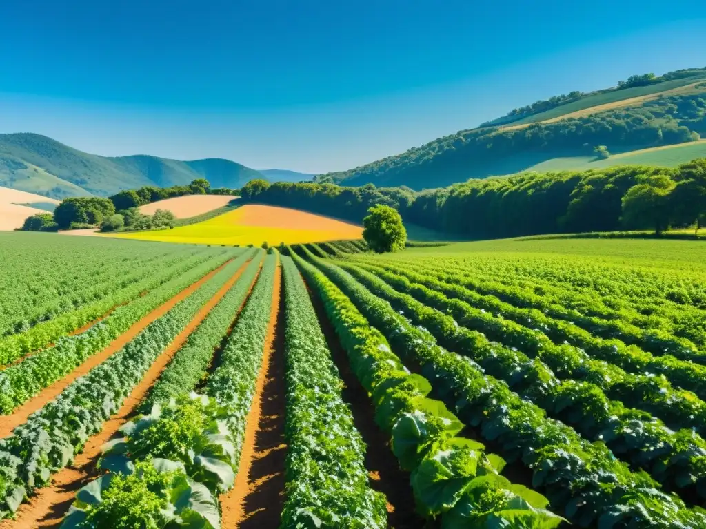 Un campo orgánico exuberante y sereno con cultivos vibrantes y árboles altos