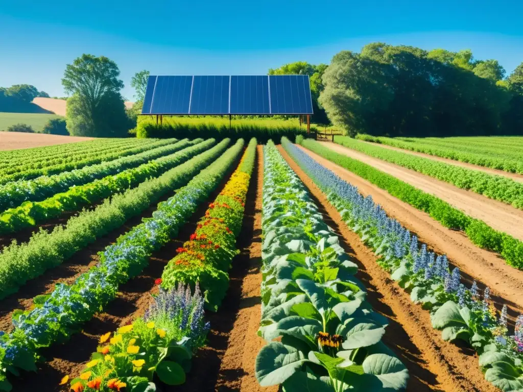 Un campo orgánico exuberante y sereno bajo el sol, con beneficios para la salud de alimentos orgánicos