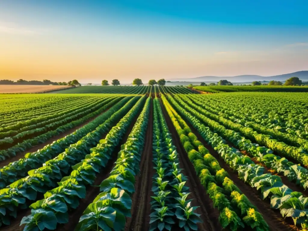 Un campo orgánico exuberante y sereno con cultivos ordenados bañados por la cálida luz dorada del sol