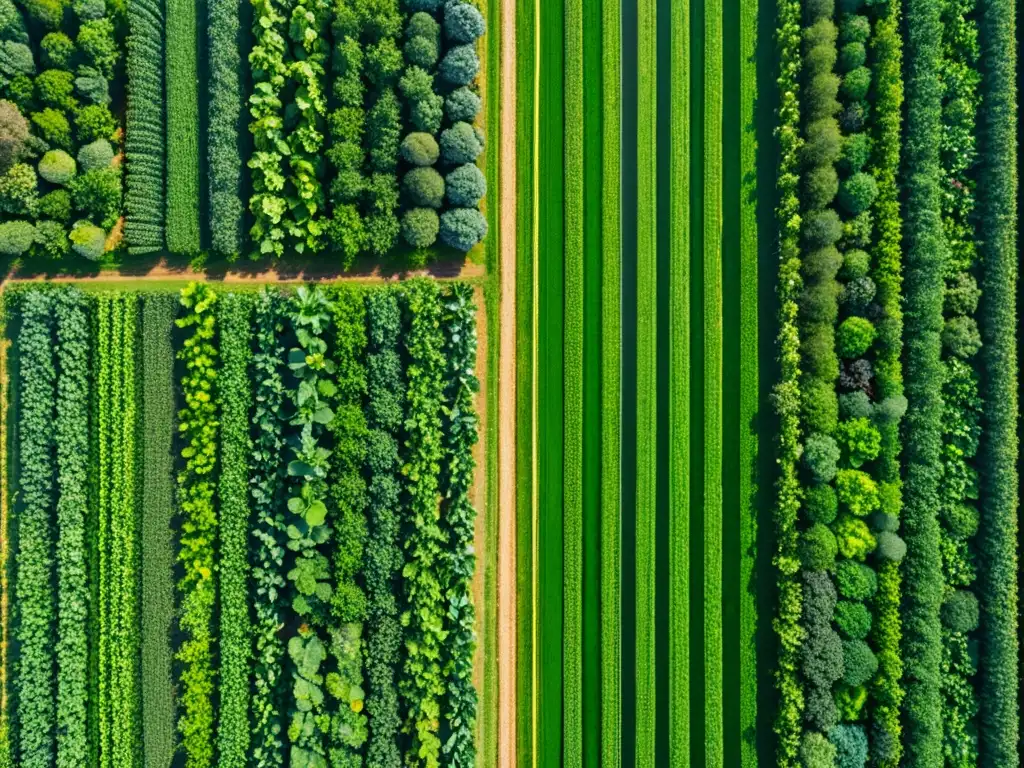 Un campo orgánico exuberante y simétrico, capturado por tecnologías de mapeo satelital, revela la belleza y eficiencia de los cultivos orgánicos