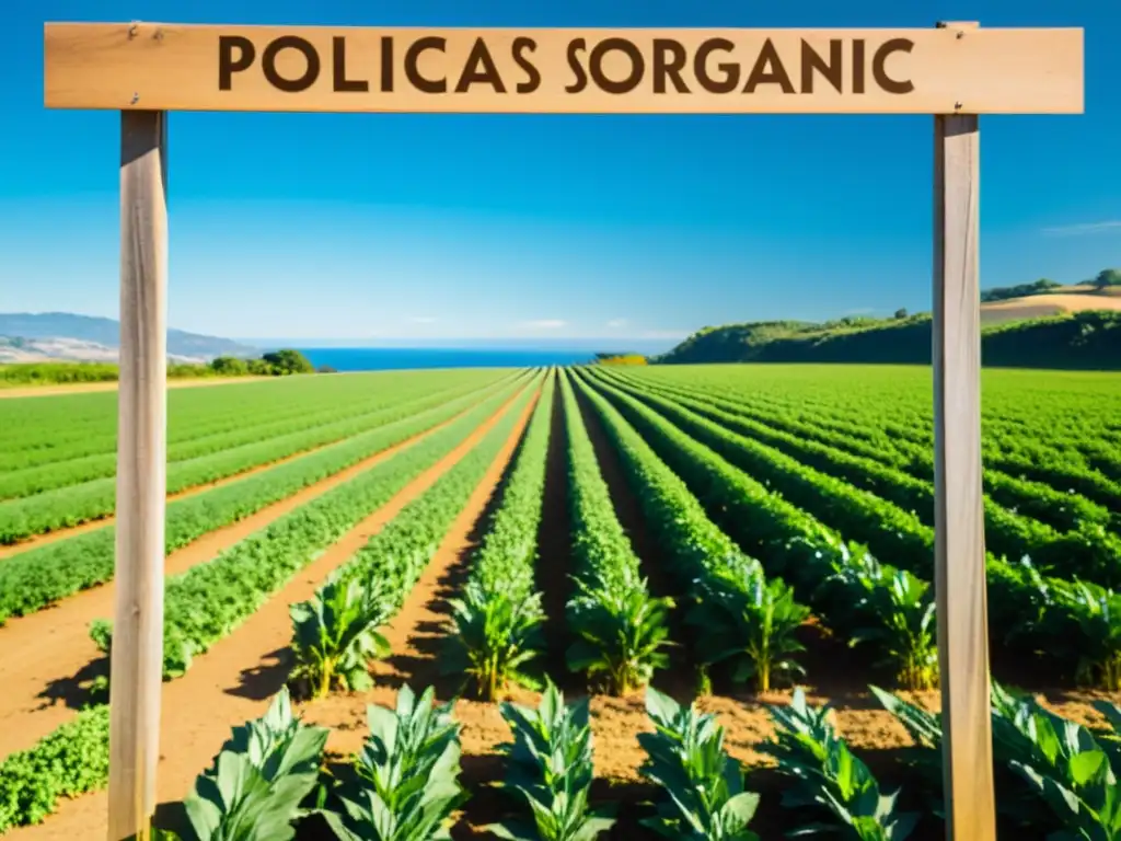 Un campo orgánico exuberante bajo el sol, con letrero 'Políticas sostenibles para alimentos orgánicos