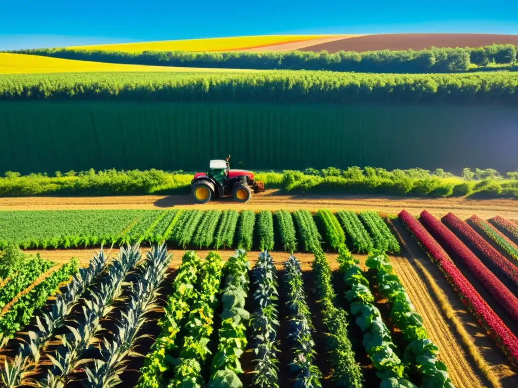 Un campo orgánico exuberante bajo el sol, con cultivos coloridos y un granjero inspeccionando las cosechas