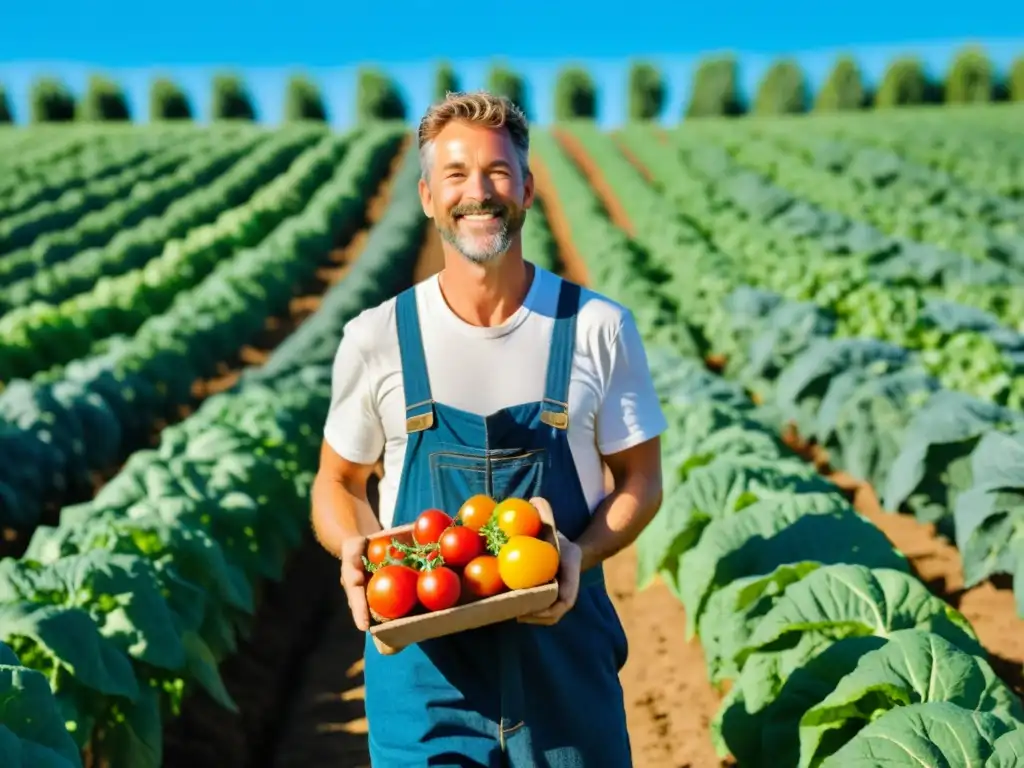 Un campo orgánico exuberante bajo el sol, con cultivos vibrantes y un agricultor sonriente inspeccionando una cosecha abundante de vegetales