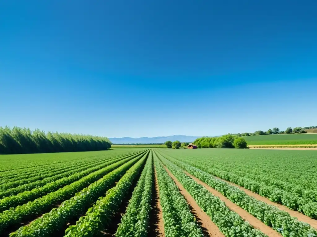 Campo orgánico exuberante y soleado, con cultivos verdes y cielo azul