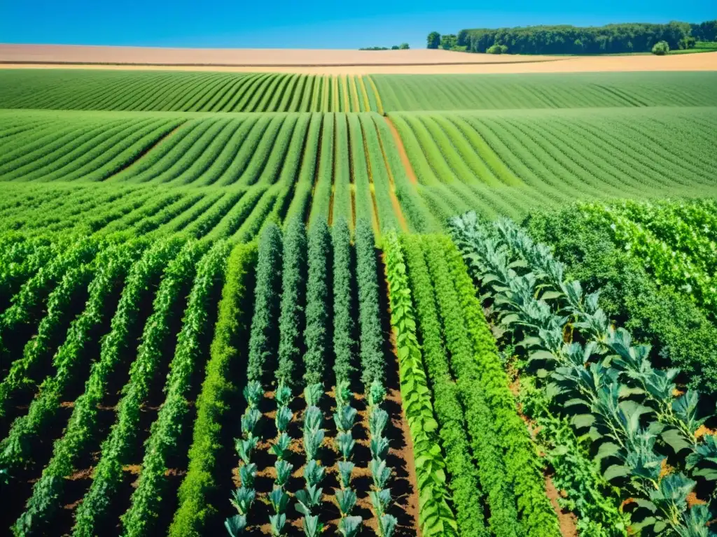 Un campo orgánico exuberante y soleado se extiende hacia el horizonte, con cultivos vibrantes y cielo azul