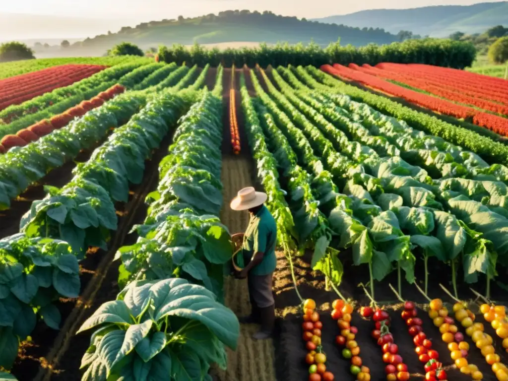 Un campo orgánico exuberante y sustentable, con filas de cultivos vibrantes bañados por la luz dorada del atardecer