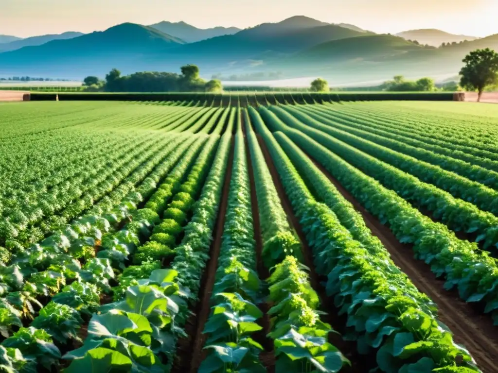 Campo orgánico exuberante con tecnología de riego inteligente integrada en cultivos, bañado por cálido sol dorado