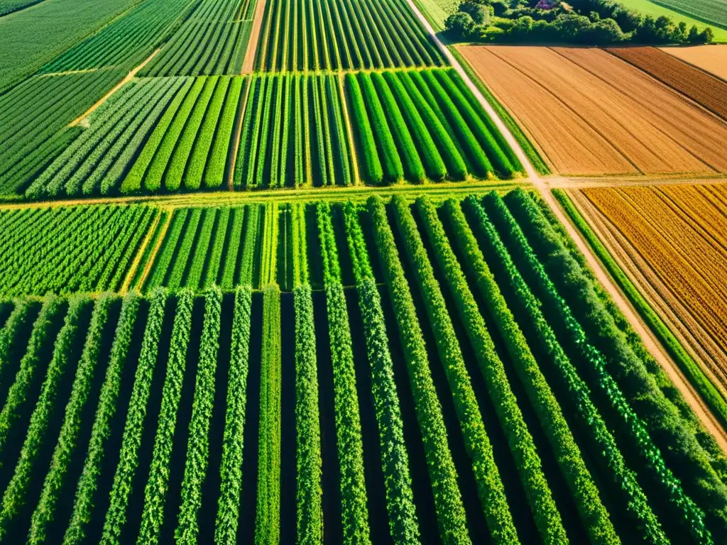 Un campo orgánico exuberante y tecnológico se extiende bajo el sol, optimización agricultura orgánica con drones