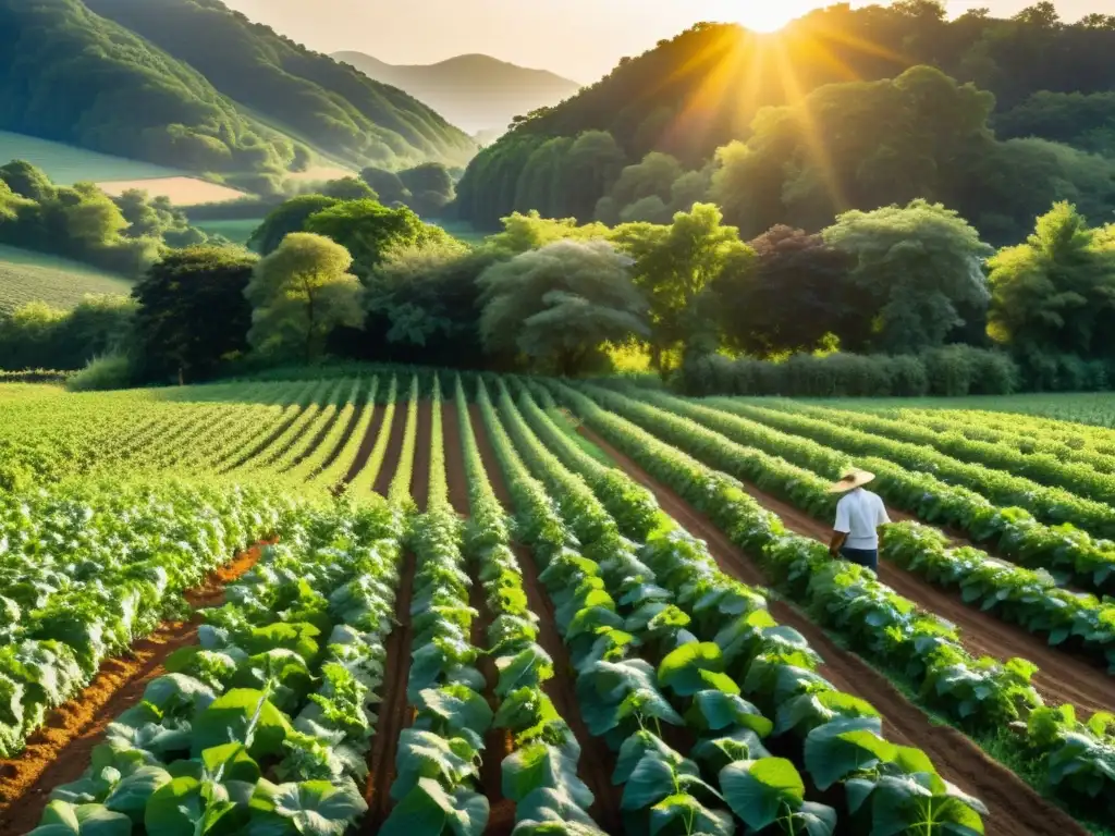 Un campo orgánico exuberante y verde, rodeado de bosque, bañado por la cálida luz del sol