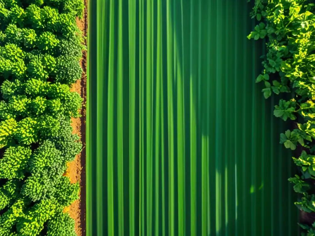 Un campo orgánico exuberante y verde con cultivos vibrantes, evocando armonía natural y gestión ecosostenible en agricultura orgánica