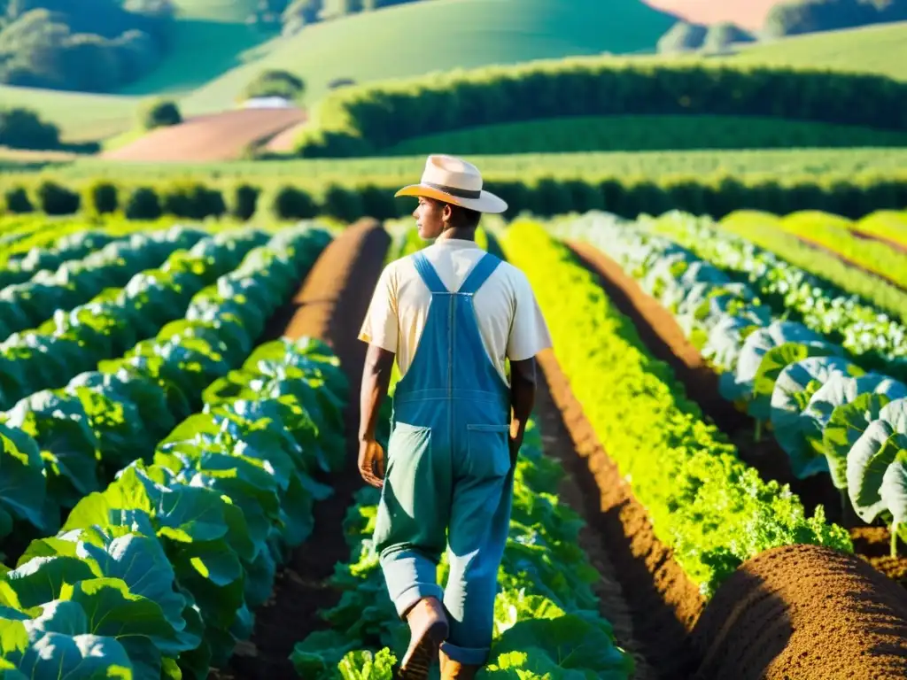 Un campo orgánico exuberante y verdoso con cultivos ordenados bajo el cálido sol