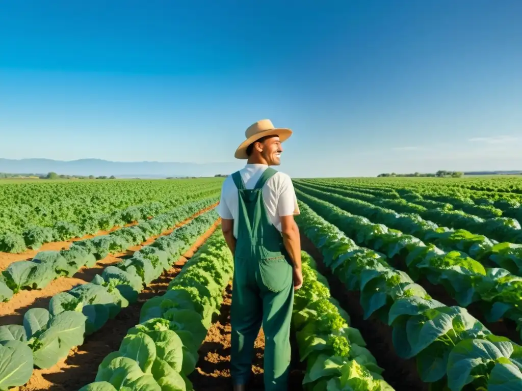 Un campo orgánico exuberante y vibrante, lleno de cultivos variados, bañado por el sol