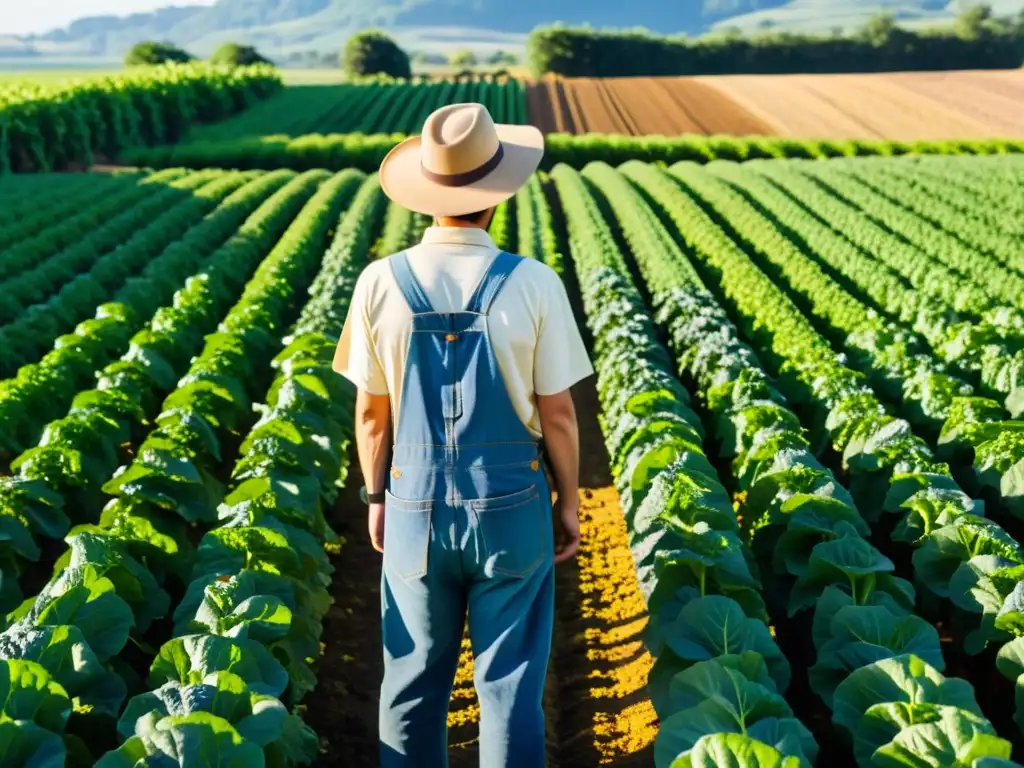 Un campo orgánico exuberante y vibrante se extiende hasta el horizonte, con cultivos ordenados bajo un cielo azul