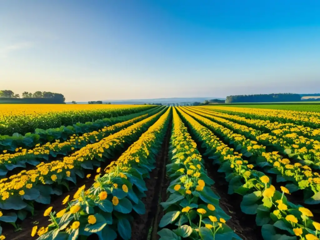 Un campo orgánico exuberante y vibrante bajo el sol, con cultivos ordenados y abejas zumbando entre flores coloridas