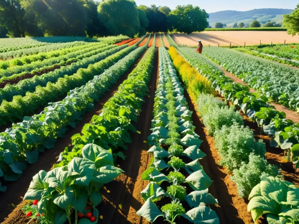 Un campo orgánico exuberante y vibrante con cultivos variados como tomates, pimientos y lechugas, rodeado de flores silvestres y altas hierbas