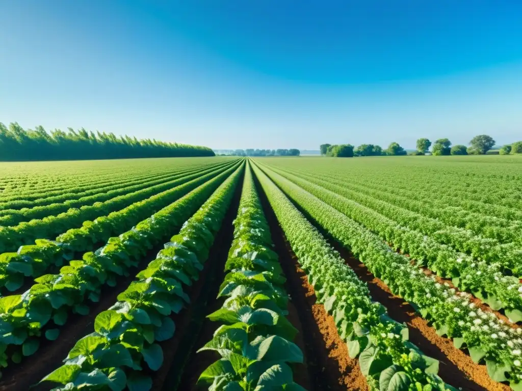 Un campo orgánico exuberante y vibrante bajo el sol, reflejando la importancia de las certificaciones orgánicas en los alimentos