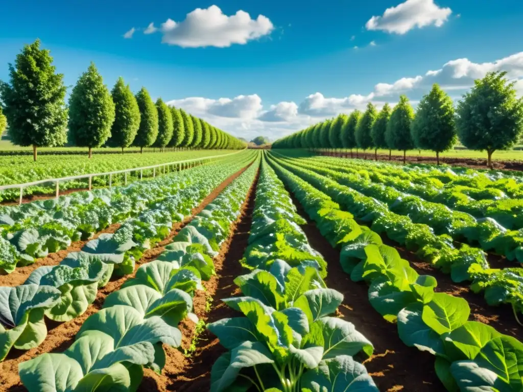 Un campo orgánico exuberante y vibrante, con hileras de verduras bajo el sol