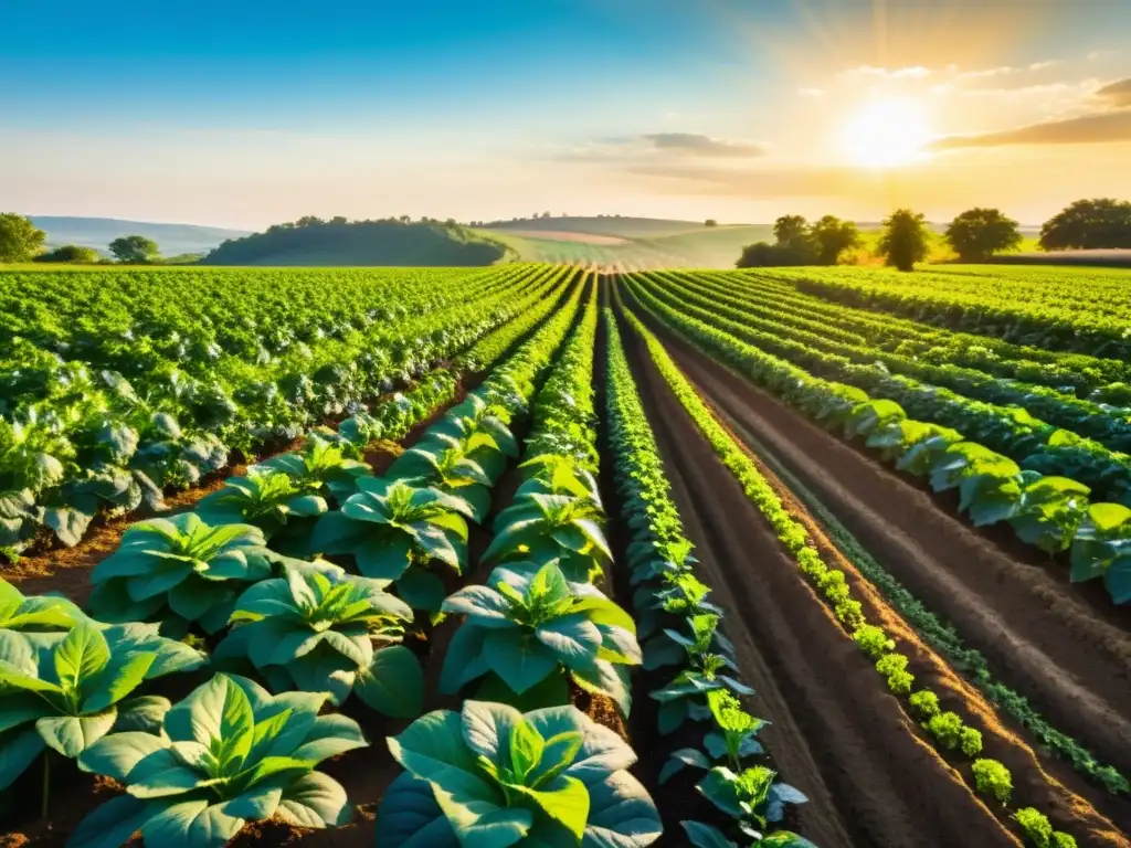 Un campo orgánico exuberante y vibrante con filas de cultivos cuidadosamente plantados, bañado por el cálido resplandor dorado del sol