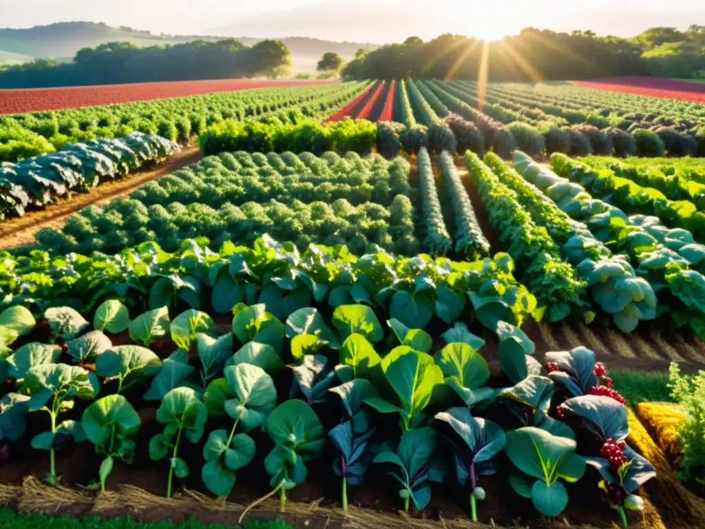 Un campo orgánico exuberante y vibrante, con frutas y verduras en filas interminables bajo el sol