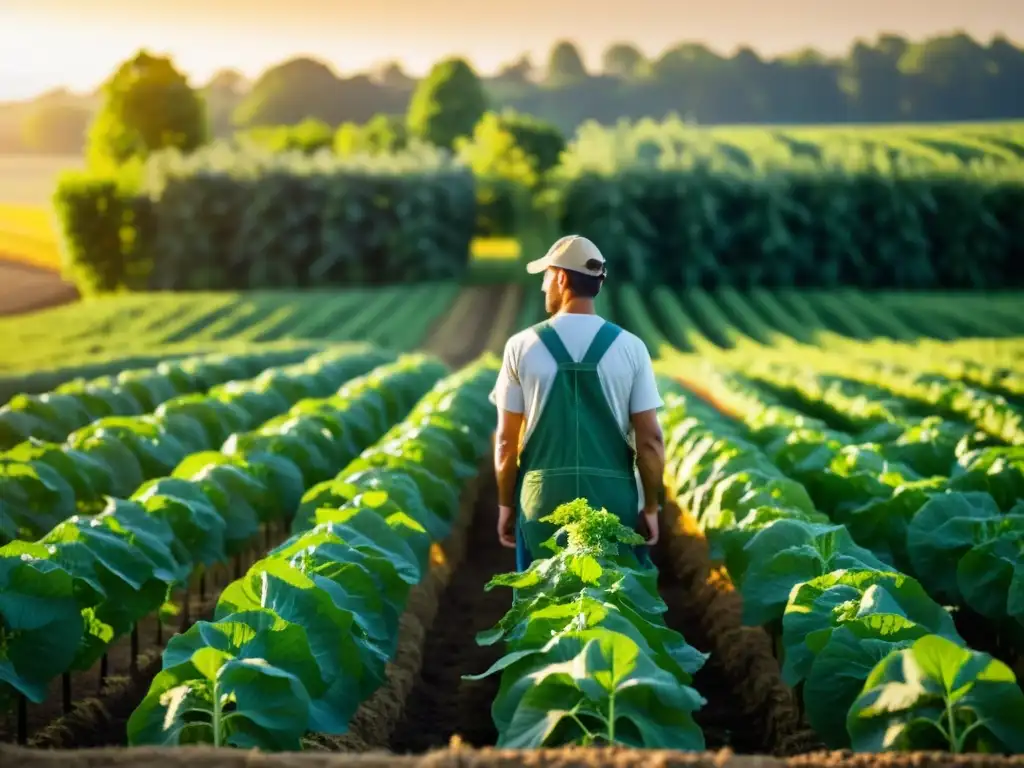 Un campo orgánico exuberante y vibrante, con filas de cultivos cuidadosamente atendidos bajo la cálida luz dorada del sol