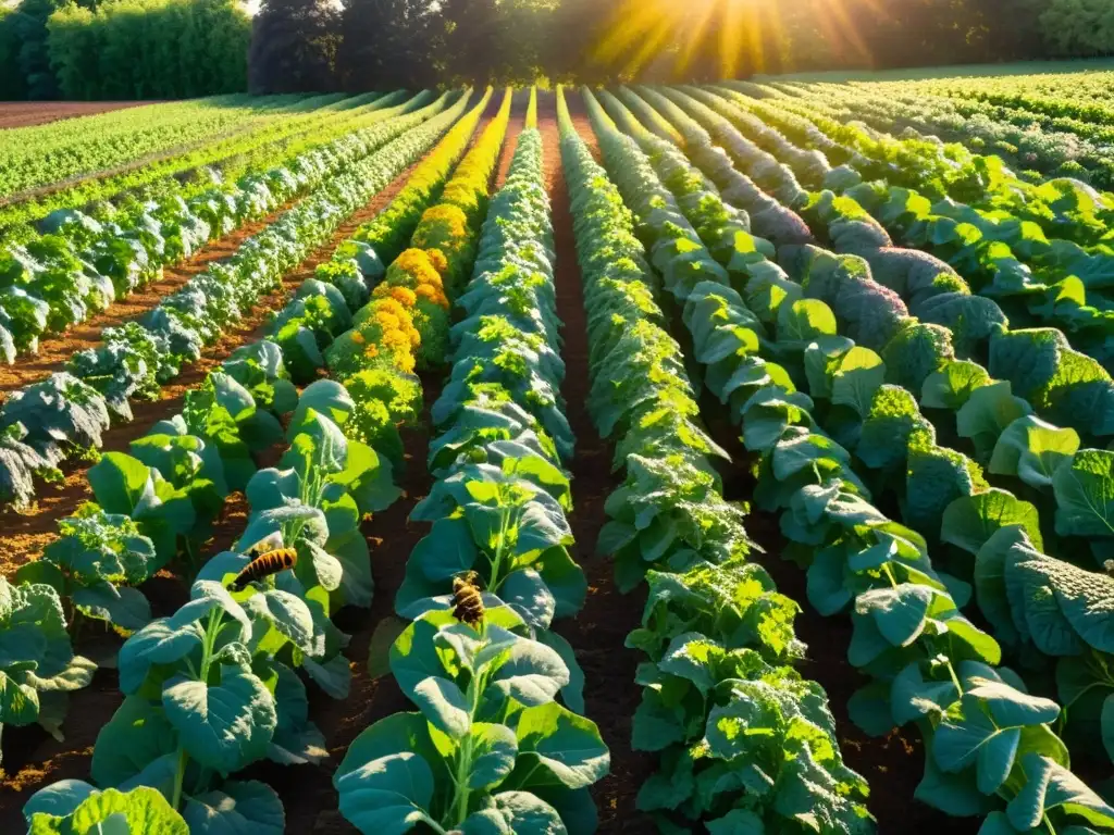 Un campo orgánico exuberante y vibrante con hileras de vegetales coloridos y frondosos que se extienden hacia el horizonte