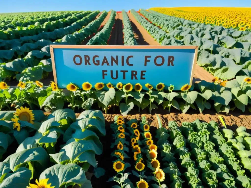 Un campo orgánico exuberante y vibrante bajo un cielo azul claro