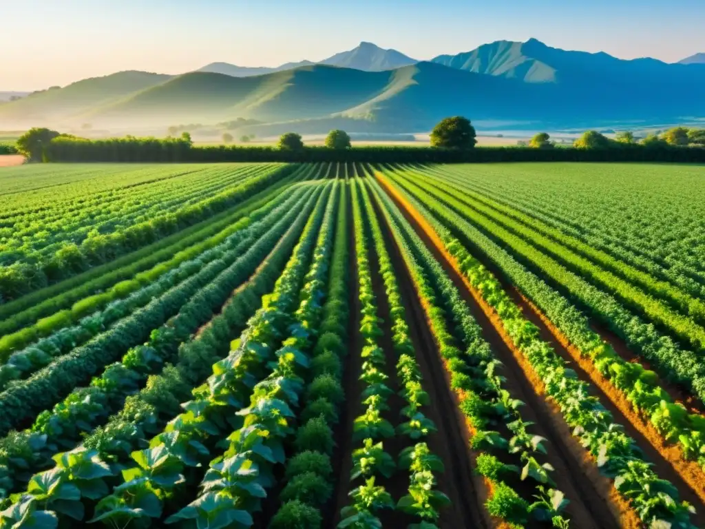 Un campo orgánico exuberante y vibrante con cultivos bien plantados que se extienden hacia el horizonte