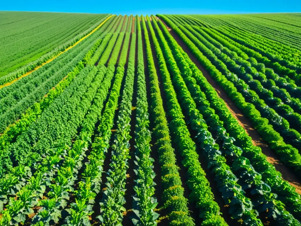 Un campo orgánico exuberante y vibrante se extiende hacia el horizonte, con cultivos ordenados y un cielo azul brillante