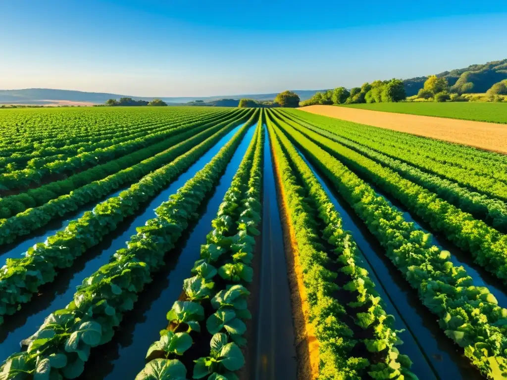 Un campo orgánico exuberante y vibrante con cultivos verdes bajo el sol, junto a un arroyo