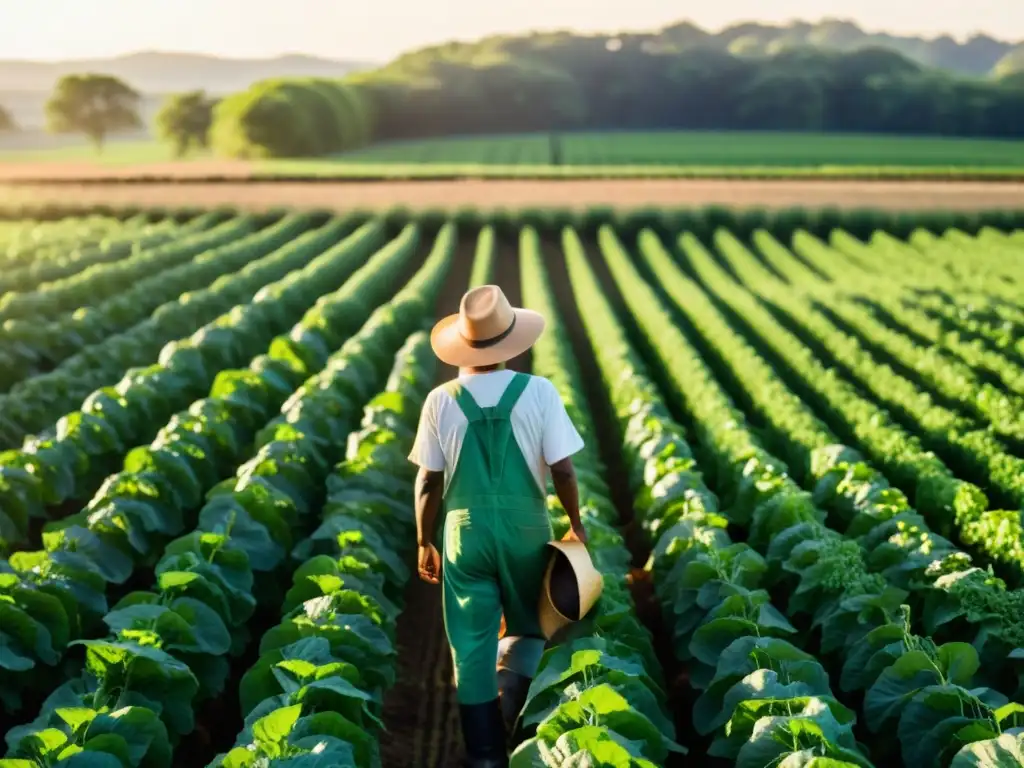 Un campo orgánico exuberante y vibrante con cultivos verdes, el sol dora el paisaje y un agricultor aplica soluciones naturales