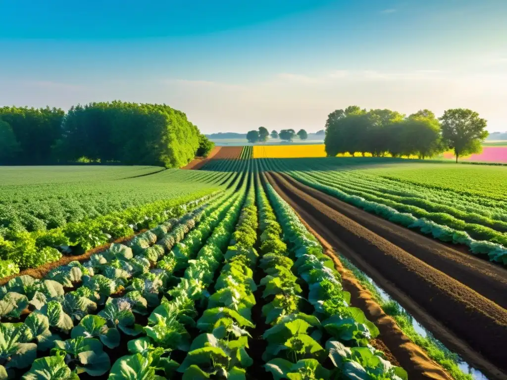 Un campo orgánico exuberante y vibrante se extiende hasta el horizonte, con cultivos coloridos y vegetales