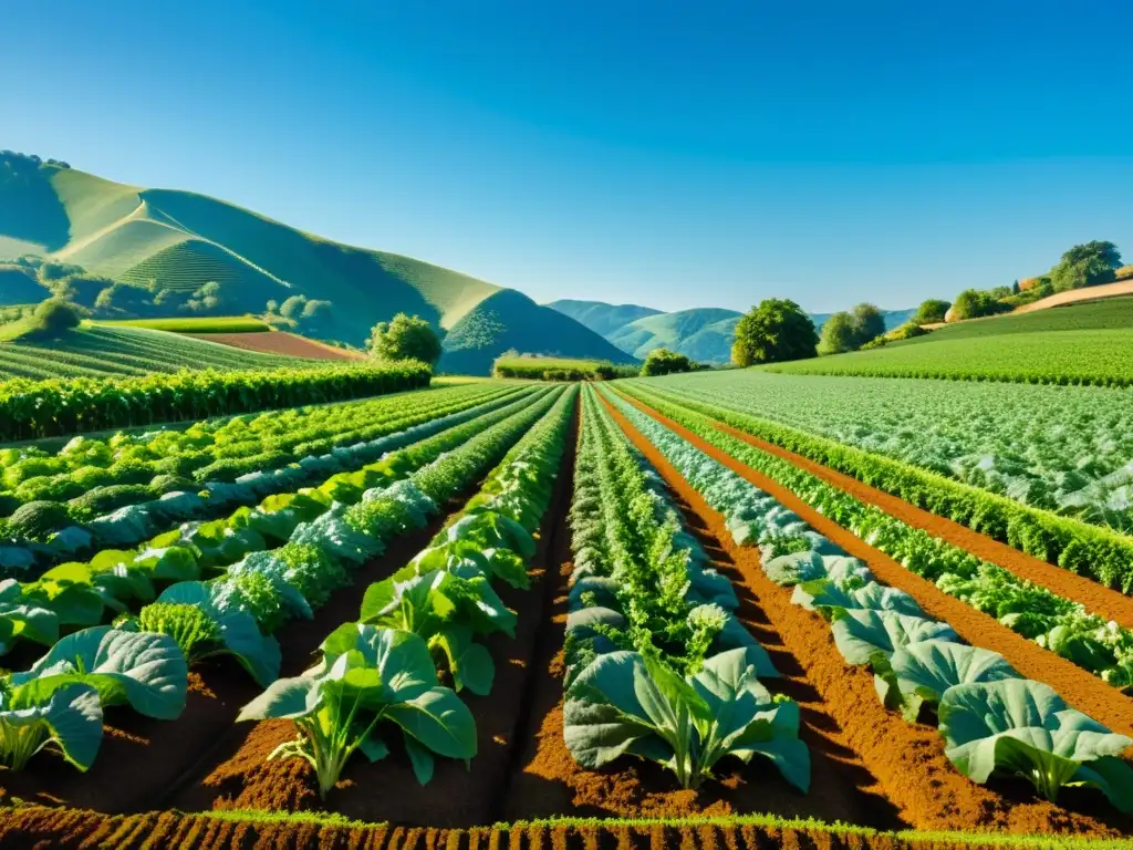 Un campo orgánico exuberante y vibrante con cultivos ordenados, rodeado de colinas y cielo azul claro