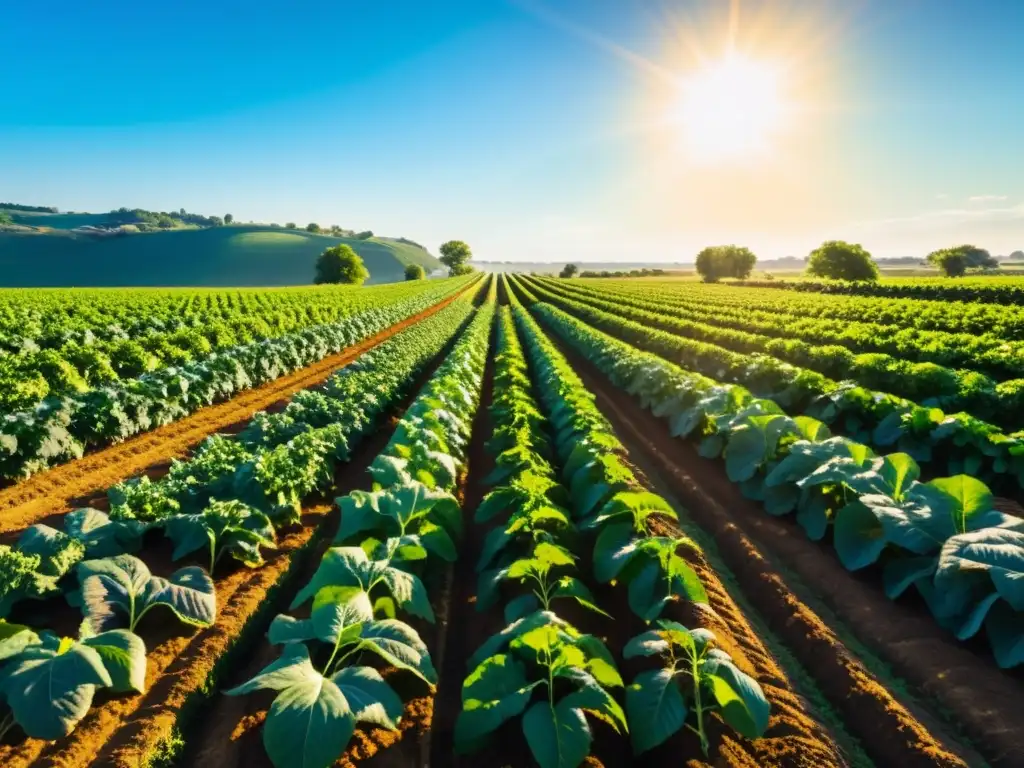 Un campo orgánico exuberante y vibrante con cultivos ordenados bajo el sol