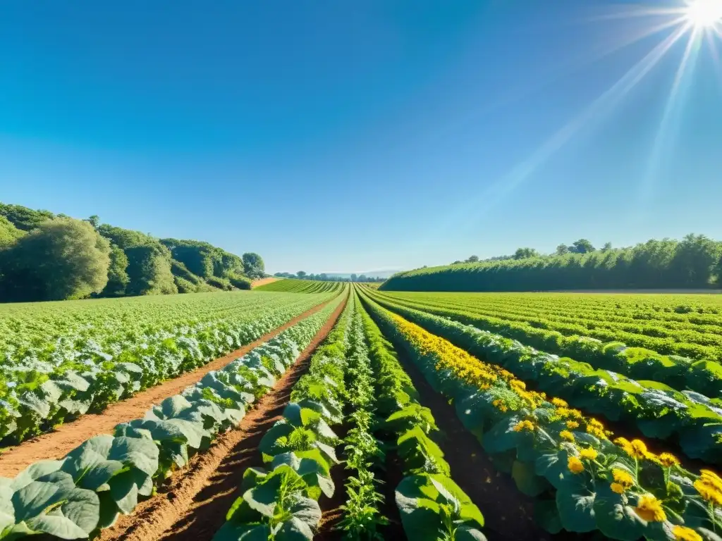 Un campo orgánico exuberante y vibrante con cultivos verdes se extiende bajo un cielo azul claro