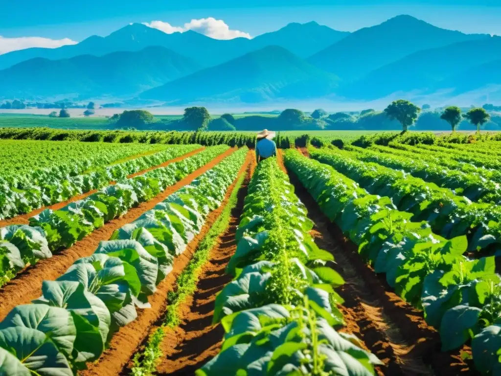 Un campo orgánico exuberante y vibrante con filas de cultivos que se extienden hacia el horizonte, cuidados por un agricultor en ropa sostenible