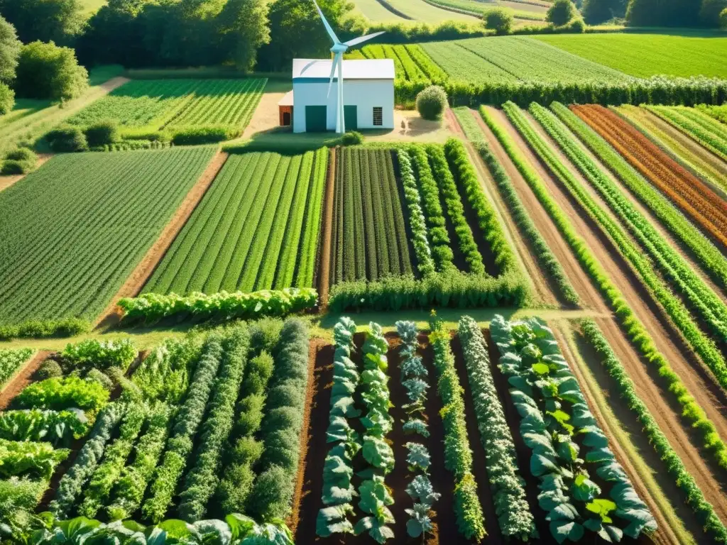 Un campo orgánico exuberante y vibrante con cultivos de tomate, lechuga y zanahoria, bañado por la luz del sol