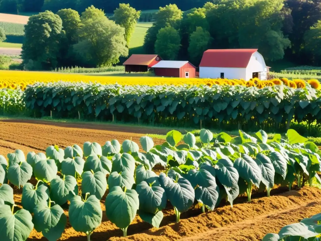 Un campo orgánico exuberante y vibrante con cultivos bien organizados en diferentes etapas de crecimiento