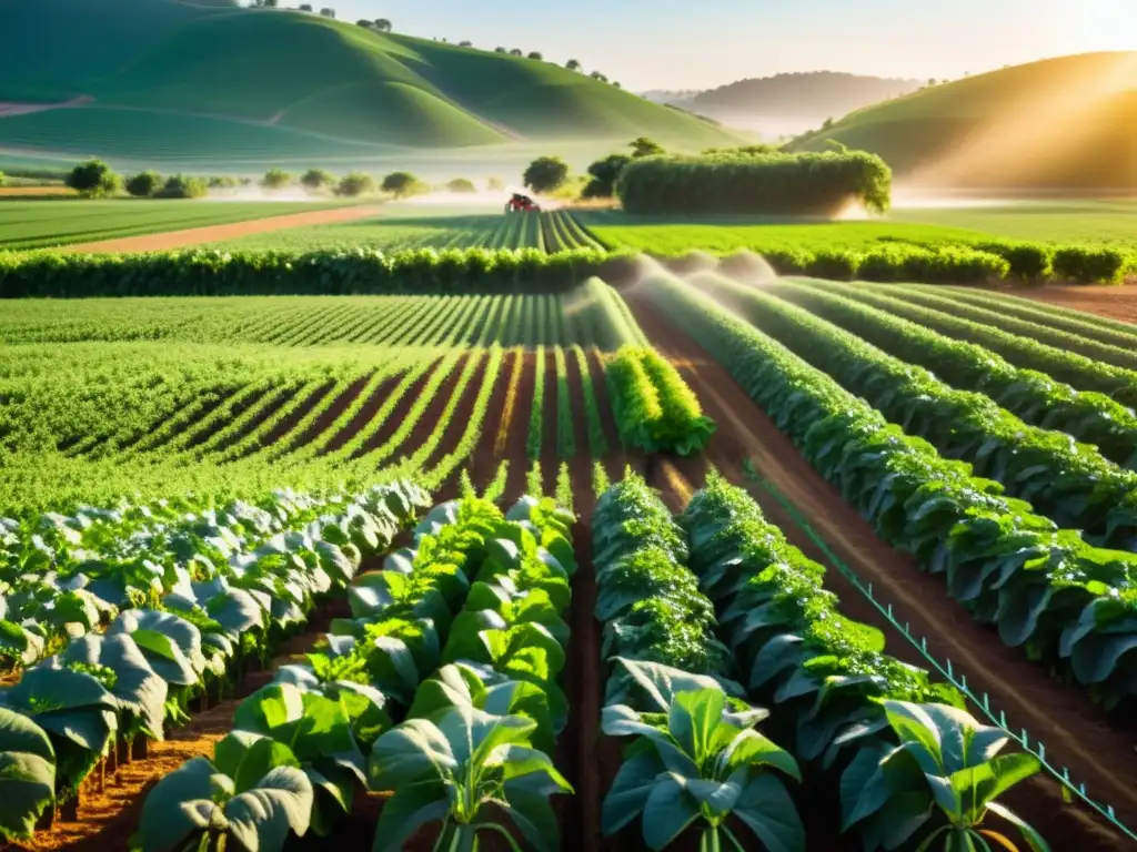 Un campo orgánico exuberante y vibrante con métodos de riego ecológico cuidadosamente cultivados