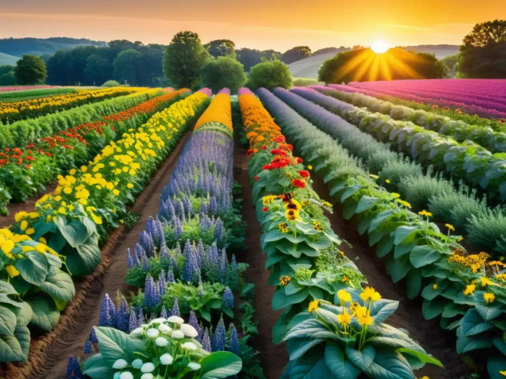 Un campo orgánico exuberante y vibrante, lleno de cultivos saludables y flores coloridas, habitado por insectos benéficos al atardecer