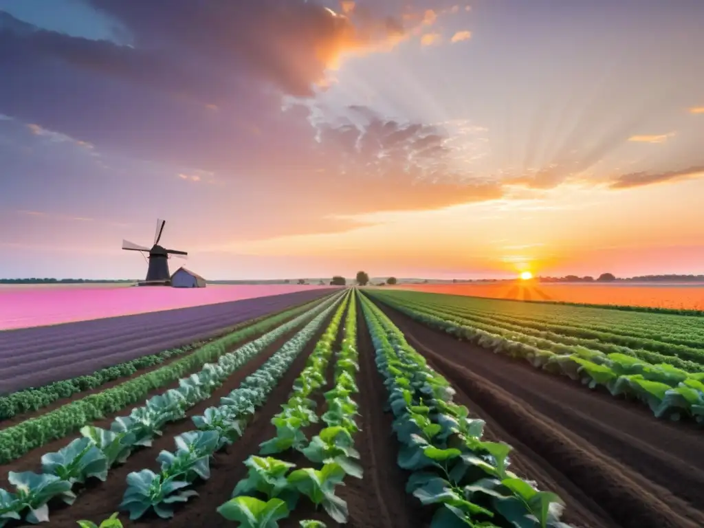 Un campo orgánico exuberante y vibrante se extiende hacia el horizonte, bañado por la cálida luz dorada del atardecer