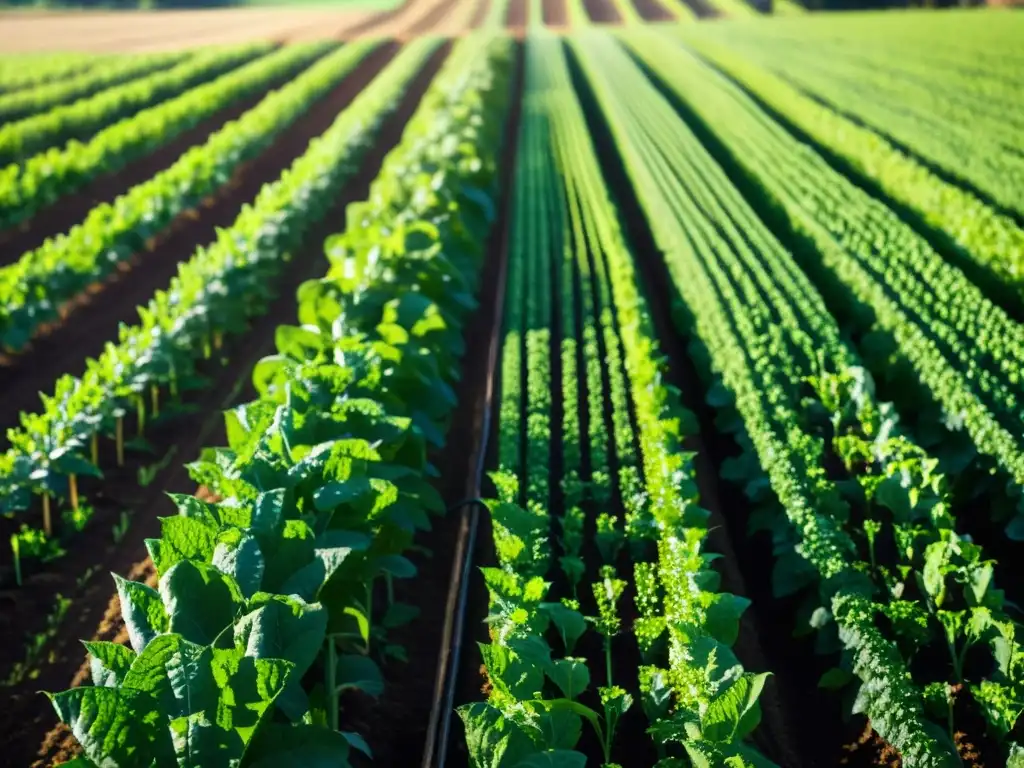 Un campo orgánico exuberante y vibrante es regado por sistemas de riego por goteo orgánico, mostrando eficiencia y armonía con la naturaleza