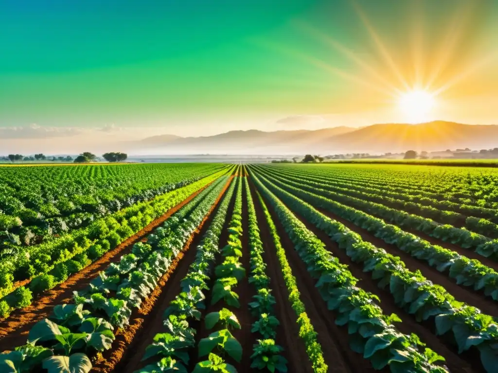 Un campo orgánico exuberante y vibrante se extiende hasta el horizonte, con cultivos saludables en tonos verdes