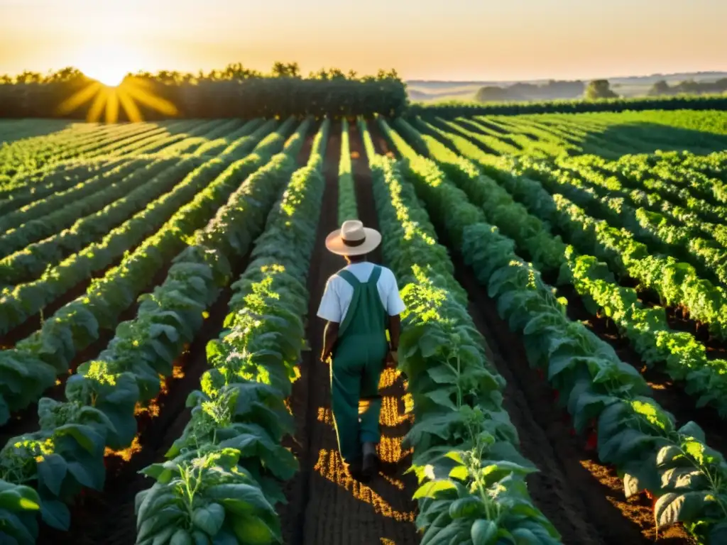 Un campo orgánico exuberante y vibrante con filas de cultivos, un granjero inspecciona tomates al atardecer