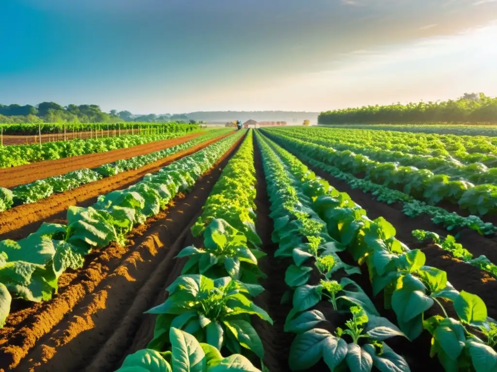 Un campo orgánico exuberante y vibrante con cultivos variados bañados por el cálido sol