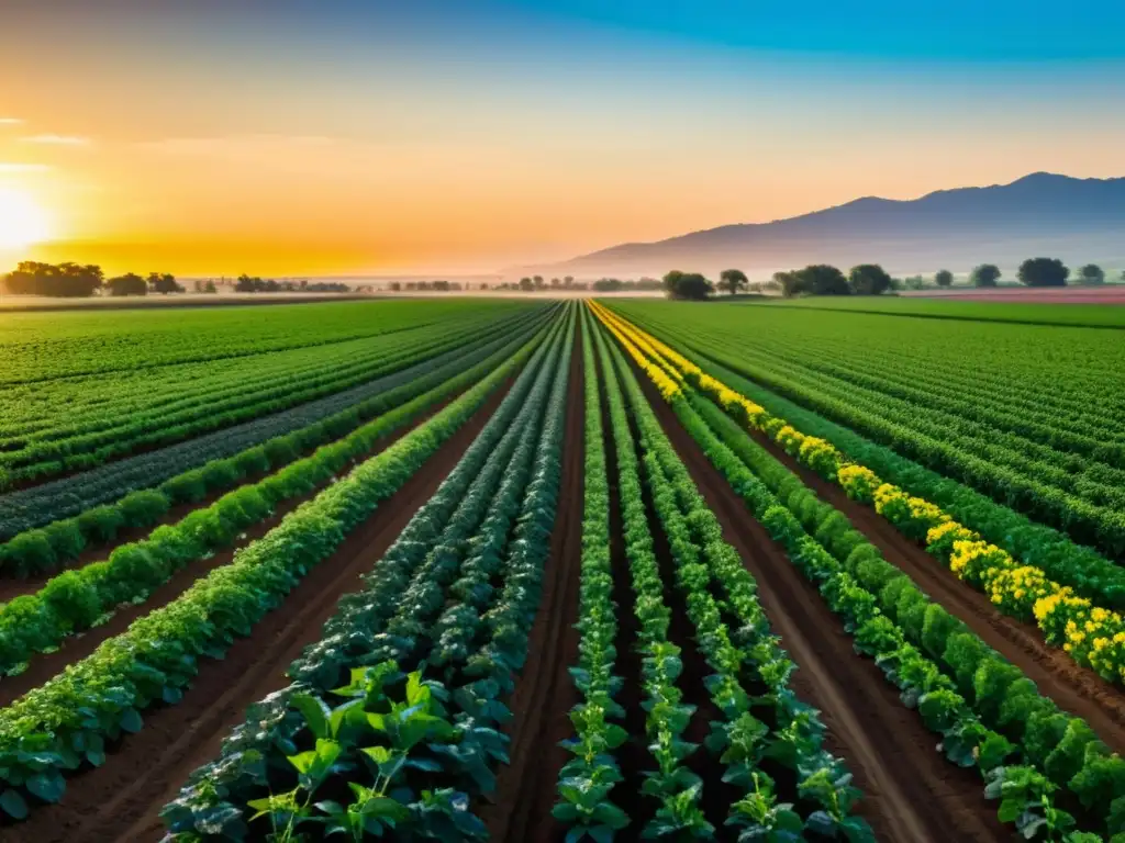 Un campo orgánico exuberante y vibrante con filas de cultivos coloridos bañados por la luz dorada del atardecer