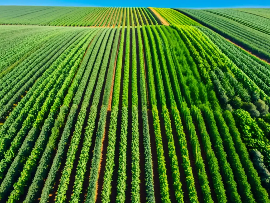 Campo orgánico exuberante y vibrante con cultivos plantados con precisión, bajo cielo azul